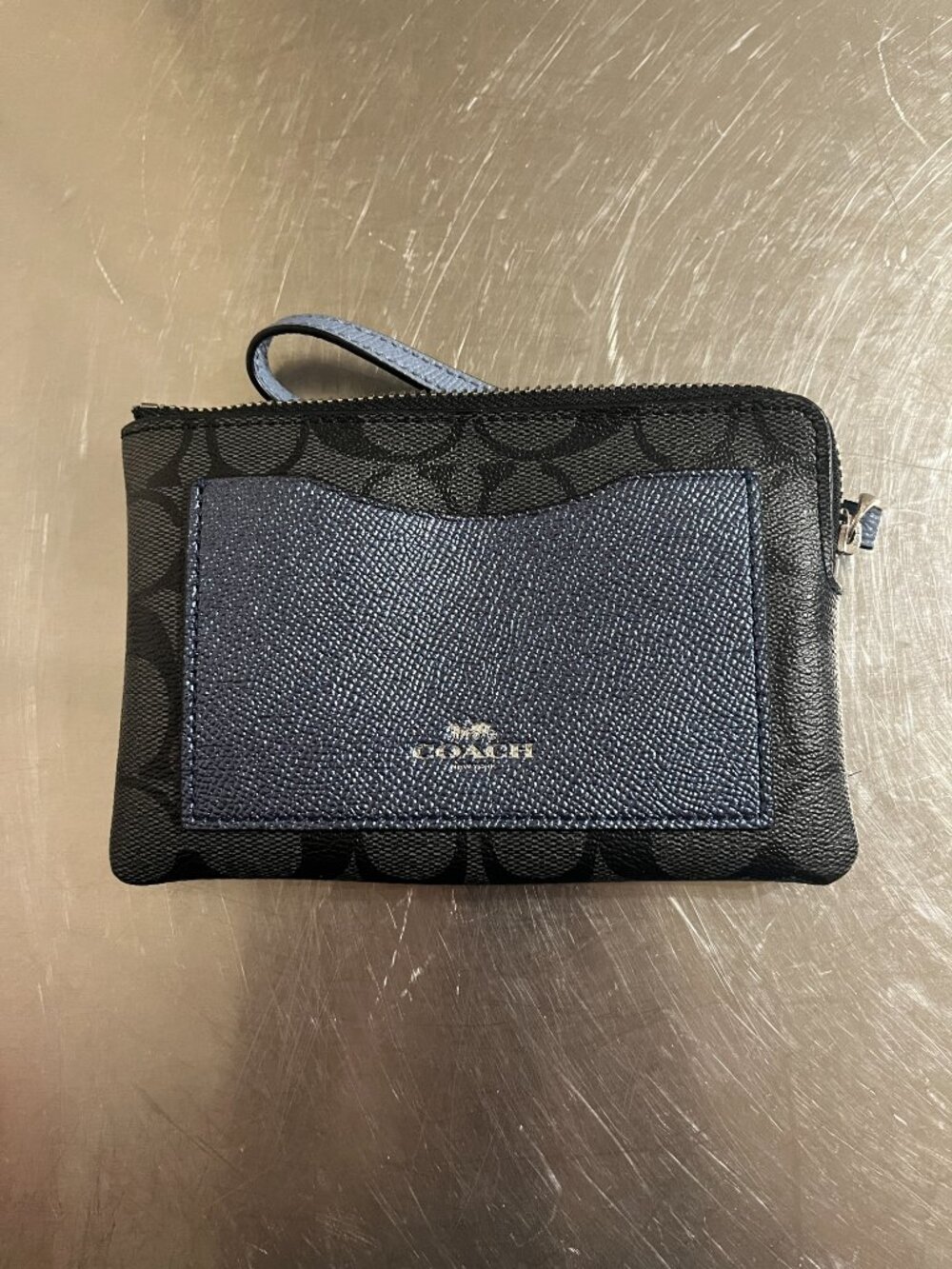COACH Navy Metallic Wristlet with Black Signature Logo Wallet Pouch Clutch